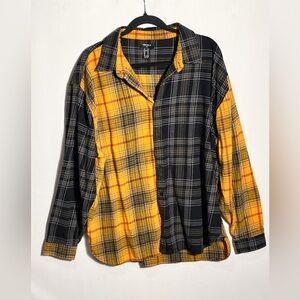 Forever 21 Men's Yellow and Black Plaid Colorblock Flannel Shirt XL
